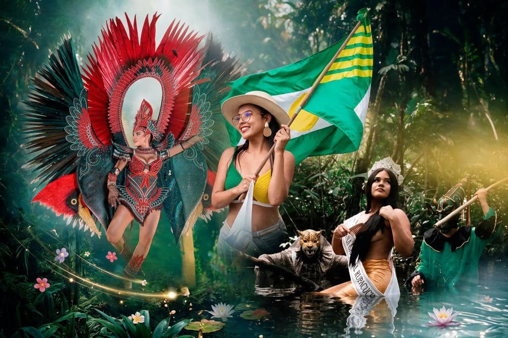Collage de reinas del Carnaval Riojano en la selva: traje de plumas, bandera de Rioja y reina en el agua